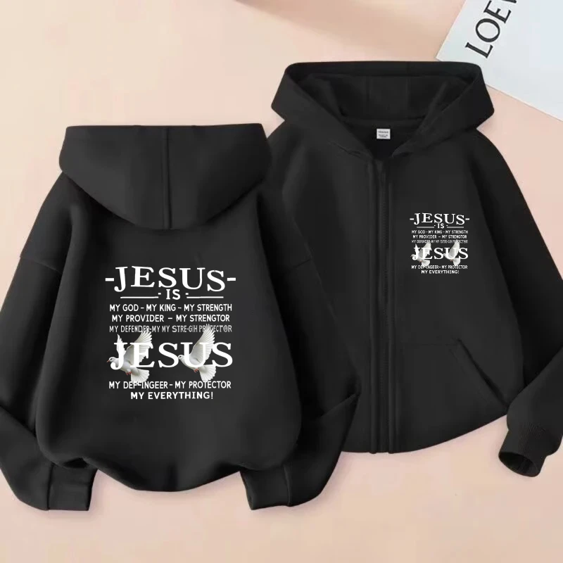 

Men's Hooded Jacket Black Jesus Is My Savior My Strength My Protector Printed Religious Christian Zip-Up Hoodie for Church Worsh