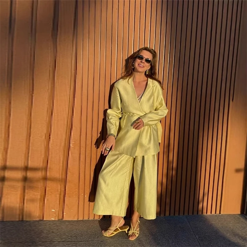 

Women Elegant Solid Lace-up Blazer Set Lady Chic V-neck Full Sleeve Loose Coat Wide-leg Pants Suit 2026 Casual Commute Outfit