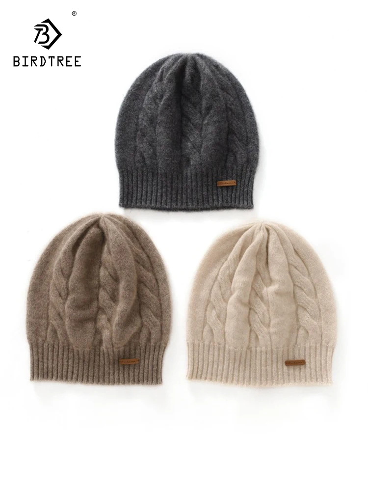 BirdTree, 100%Pure Cashmere Knitted Hats, Women Men 2024 Autumn Winter New, Fashion Thicken Versatile Commute Warm Cap A48910QC