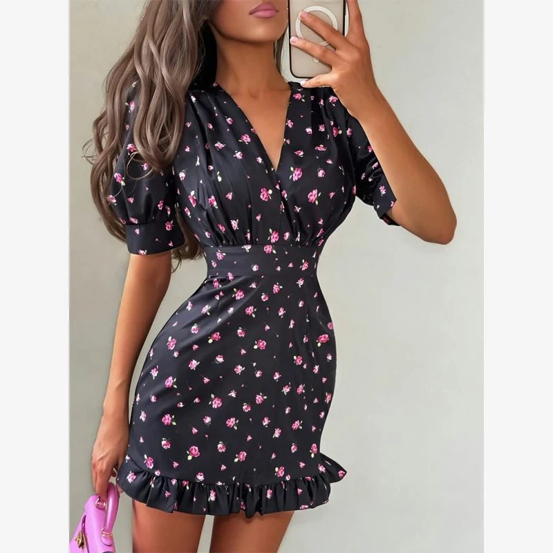 Chic Printed Slim Fit Mini Dress Women Elegant V-neck Puff Short Sleeves Waist Cinching Dresses 2026 Summer Lady Party Robes New
