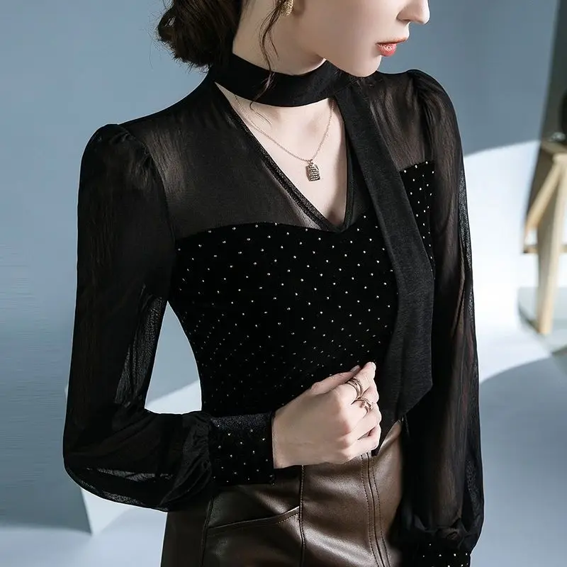 Autumn New Fashion Sexy Patchwork Black V-neck Long Sleeve T-Shirt Ladies Fashionable Polka Dot Perspective Slim Undercoat Tops