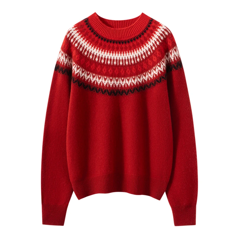 35% kasjmier Fair Isle trui, verdikte damestrui met ronde hals, havermout/rood