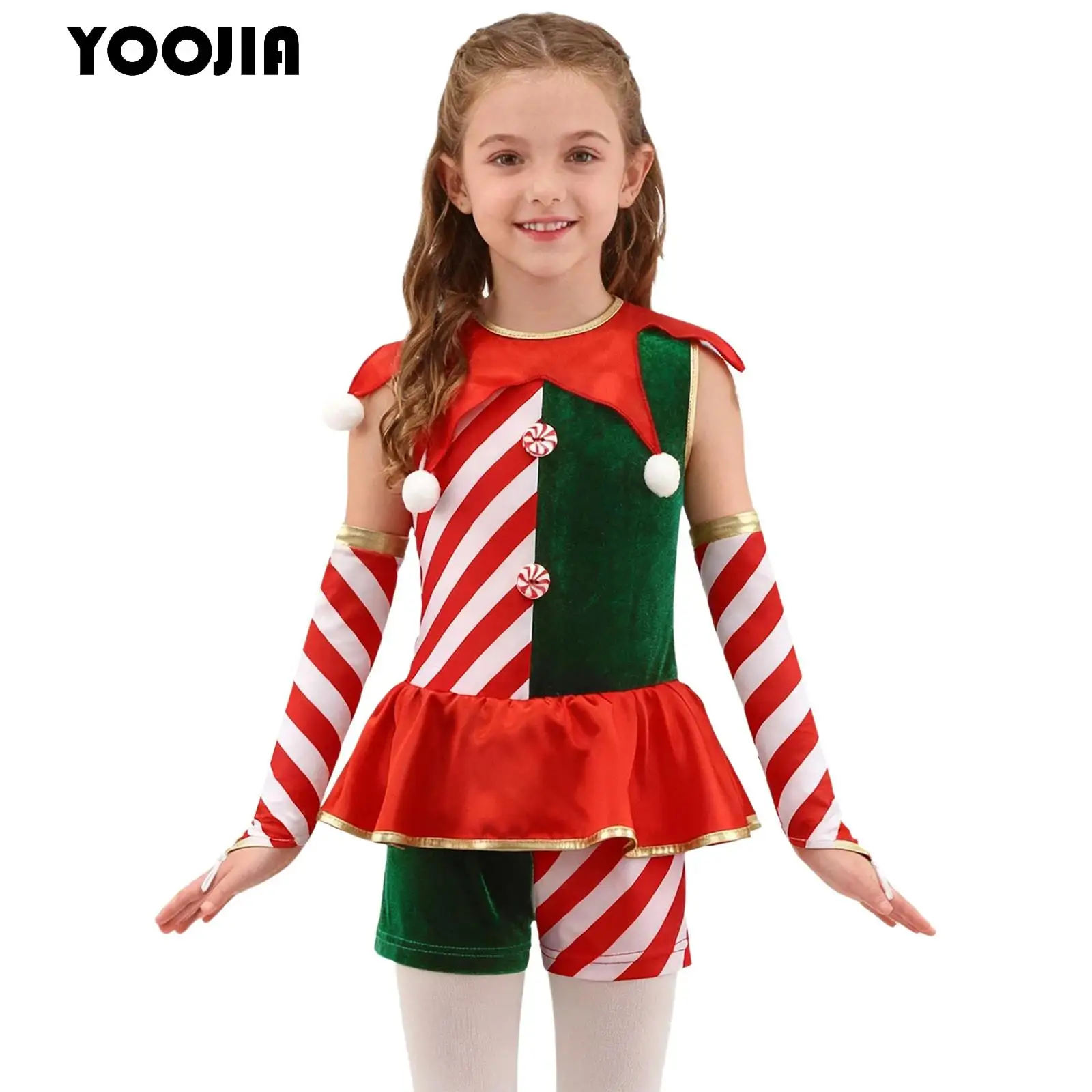 

Cute Girls Christmas Elf Costumes Candy Cane Striped Ballet Dance Shorty Unitard Dress Gymnastics Leotard Latin Jazz Dancewear