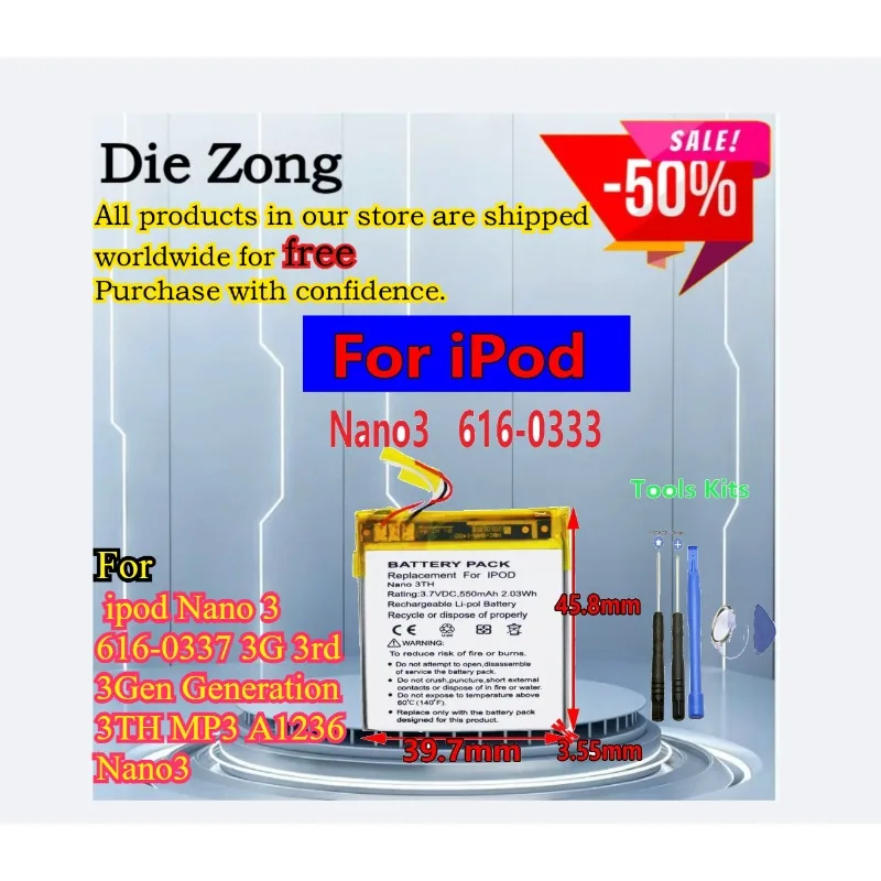 Original Replacement Battery For Apple ipod Nano 3 616-0337 3G 3rd 3Gen Generation 3TH MP3 A1236 Nano3 Battery + Free Tools