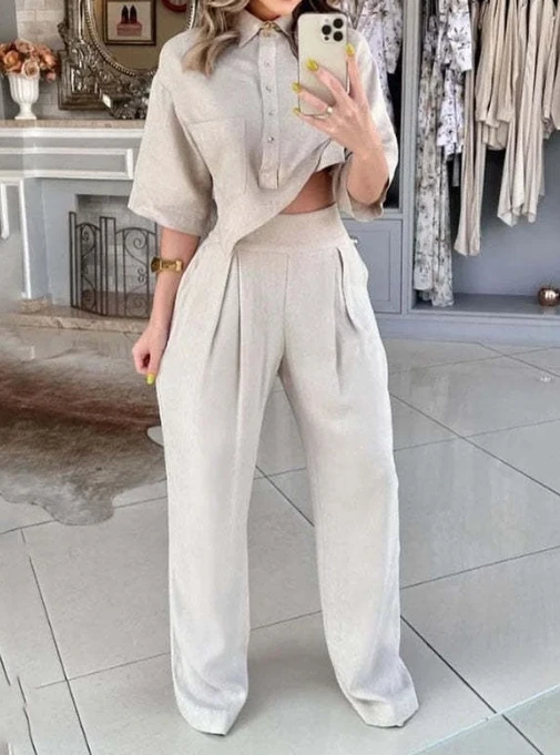 Women's Casual Pants Set Solid Color Fashionable Buttons Design Irregular Top and Casual Wide Leg Long Pants Elegant 2 Pieces