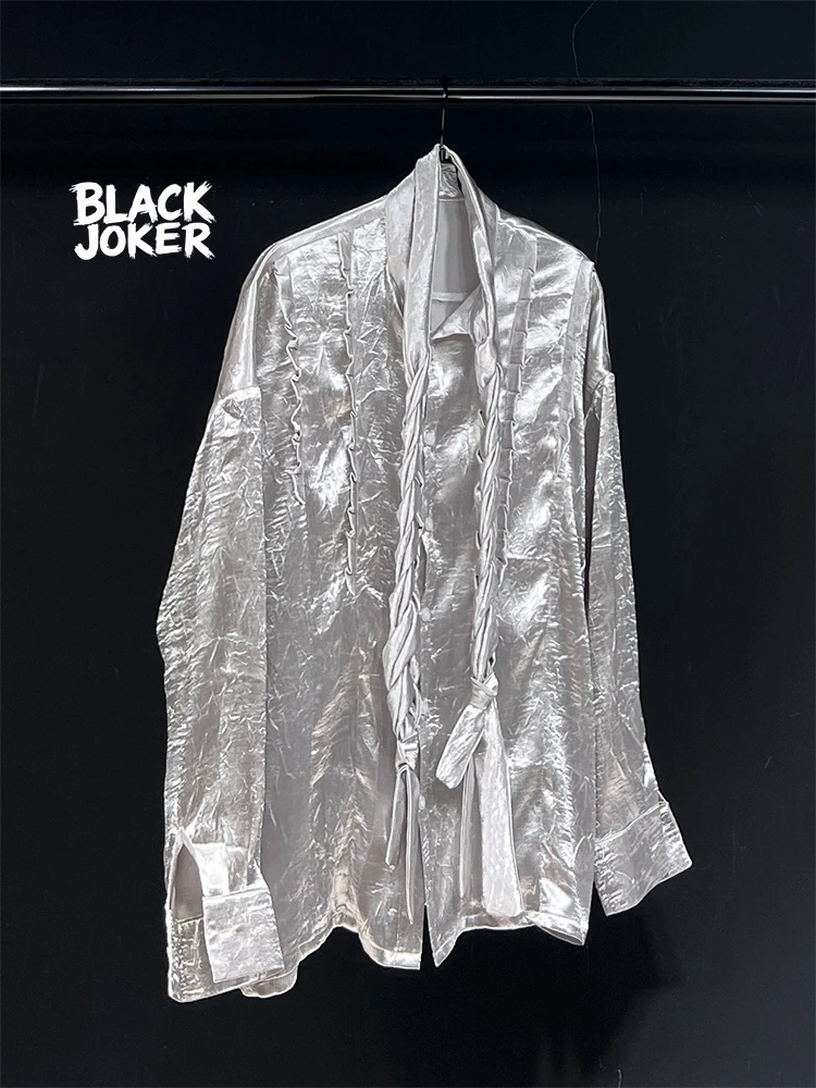 BLACK JOKER Original design new silver pleated texture long sleeve shirt Unisex casual shirt