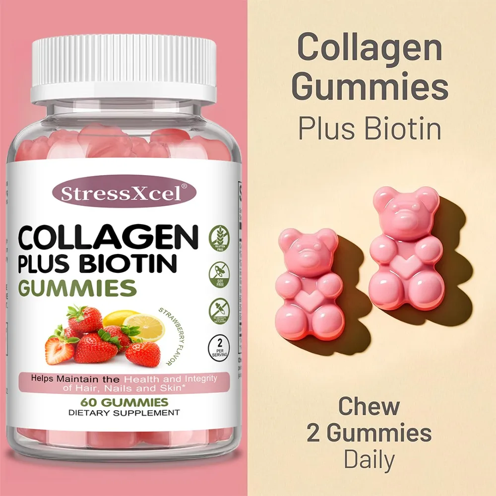 

Collagen Gummies for Women Men, with Biotin Vitamin C E Biotin Zinc for Hair Skin Nails, Strawberry Flavor, 60 Count