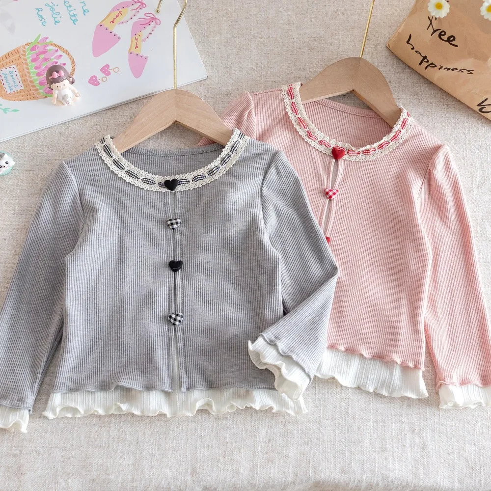 2026 Spring New Girls Long Sleeve T-Shirt, Thin Pure Cotton Fake Two Piece Basic Layering Top for Toddler Baby Little Girls