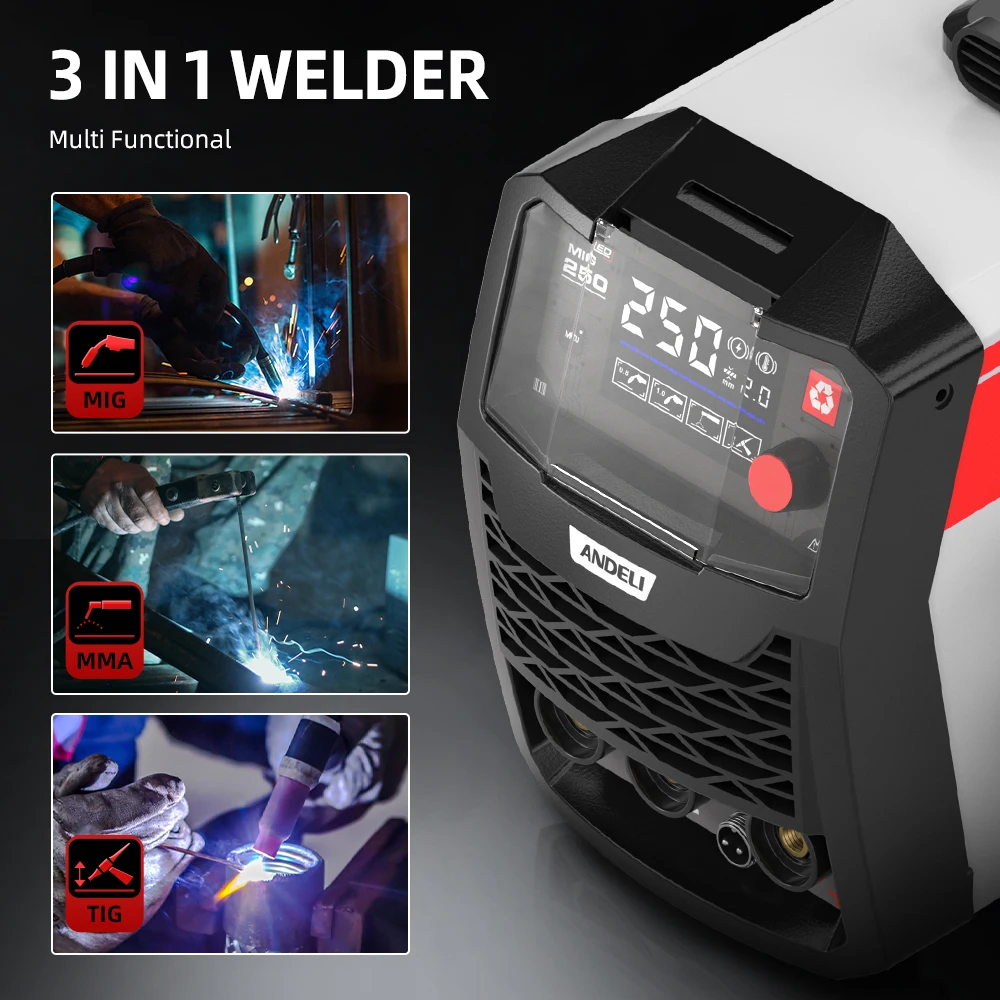 ANDELI 220V Semi-automatic Welding Machine Lift TIG MMA MIG 3 in 1 Gasless MIG Welder for Household MIG-250ME