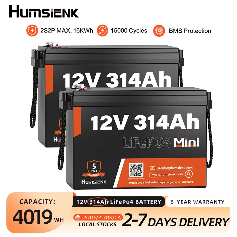 

Литиевая батарея Humsienk 12В 300Ач (314Ач) LiFePO4, 2 шт., с BMS 200А для автодомов, яхт, кемперов, автономных систем, домашнего хранения энергии, макс. 16 кВтч