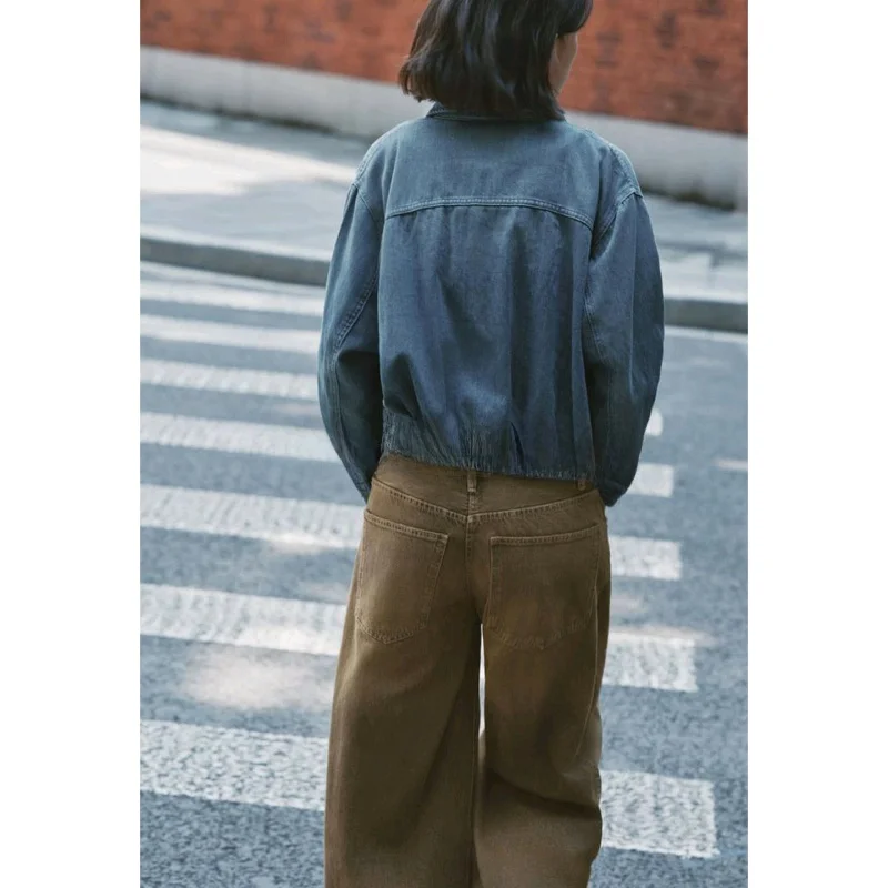 가을 여성 패션 메탈 지퍼 웨이드 효과 칼라 롱 슬리브 데님 파일럿 재킷 캐주얼 슬림 핏 폴리에스터 섬유