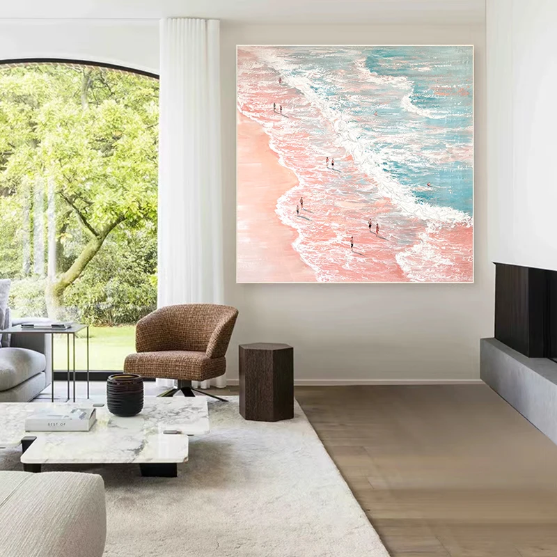 Custom Hand-painted Oil Painting Beach Wave Living Room Decorative Painting Cream Wind Pink Quartz Sand Porch Hanging Painting