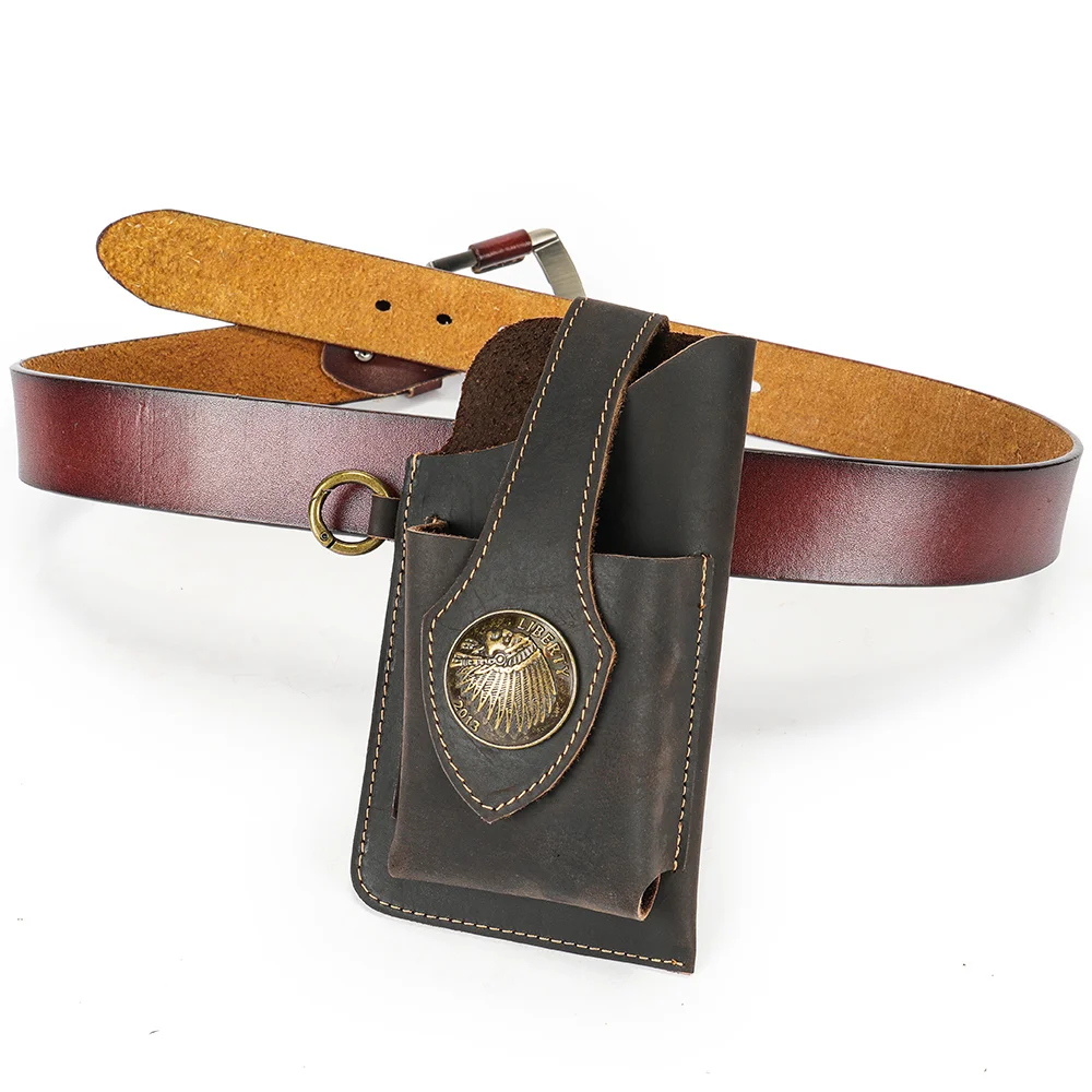 Cowhide Fanny Waist Pack Small Leather Belt Pouch Vintage Men Hip Sack Bum Mobile Phone Hasp Holster Case With Key Ring