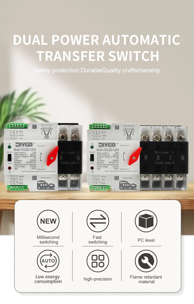 DIY GO Unterbrechungsfreier ATS Dual-Power Automatischer Transferschalter Elektrischer Wahlschalter Stromversorgung für Generatoren – Detail 1