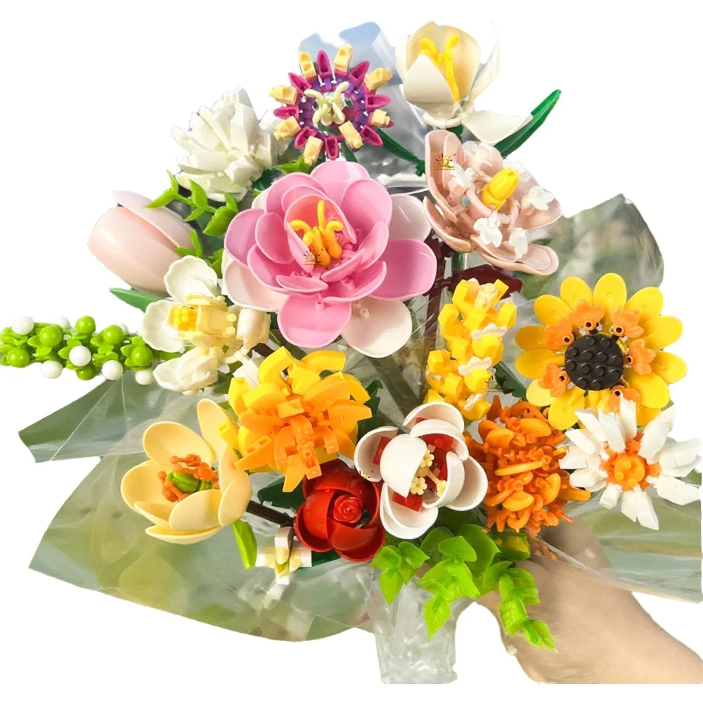 HUIQIBAO MOC Bouquet de fleurs modèle Micro bloc de construction bricolage Rose éternelle maison bureau plante décoration brique fille cadeau enfants jouet