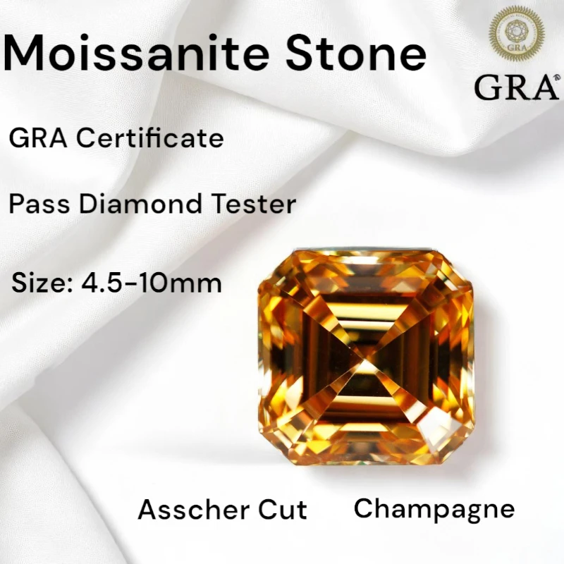 

Asscher Cut Moissanite Stone Champagne with GRA Certificate Pass Diamonds Tester Gemstones for Jewelry Diy Making
