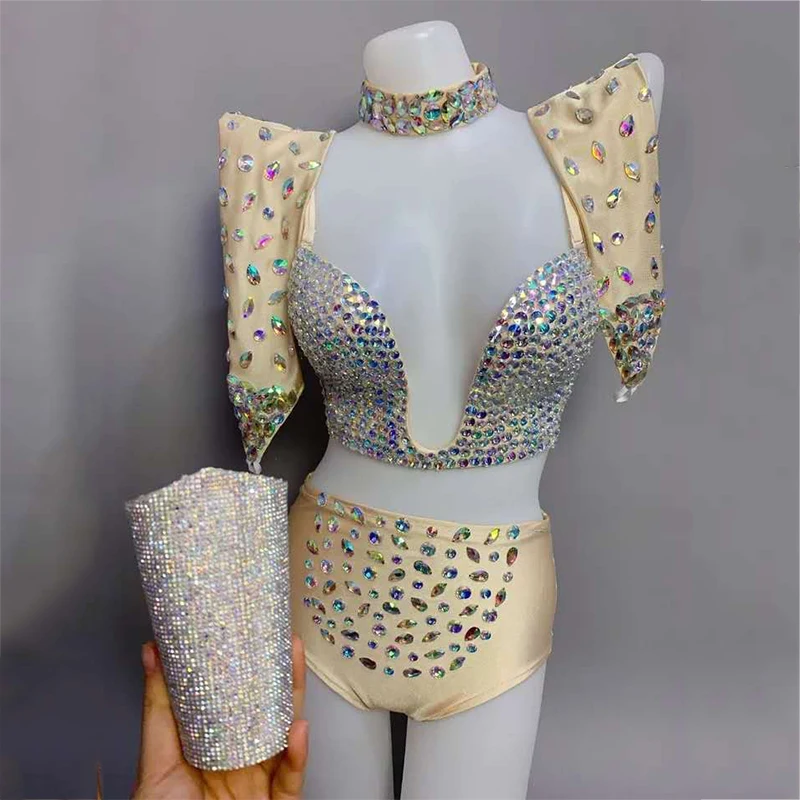 

Fashion Multi-Color Rhinestones Bra Shorts Gloves Outfit Women Singer Sexy Bikini Lingerie Set Dance Costume Rave Clothes DT2666