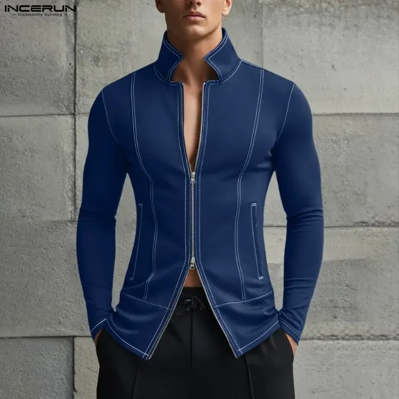 

INCERUN Men Shirt Zipper Lapel Long Sleeve Solid Color Casual Male Cardigan Tops Streetwear 2026 Fashion Leisure Camisas S-5XL