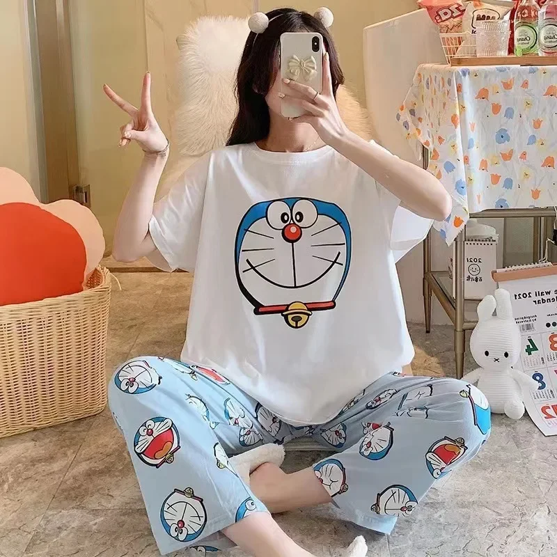 Zomer Nachtkleding Vrouwen Doraemon Pyjama Set Korte Mouw Tops Broek Vrouwelijke Comfortabele Casual Loungewear Set Nachthemd Dragen