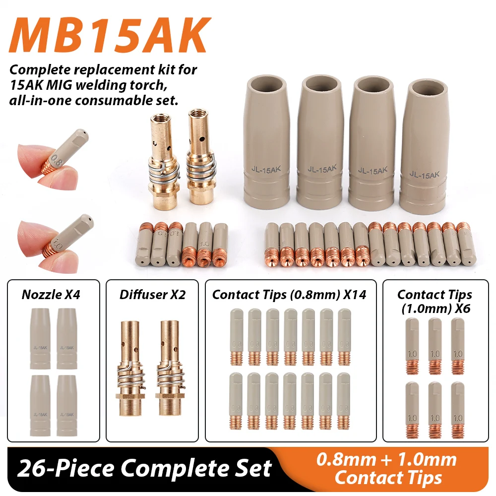MB15AK MIG Torch Parts 26Pcs Welding Consumables Copper Coated Nozzle Contact Tip For Binzel 15AK Mig Welding Torch Accessory