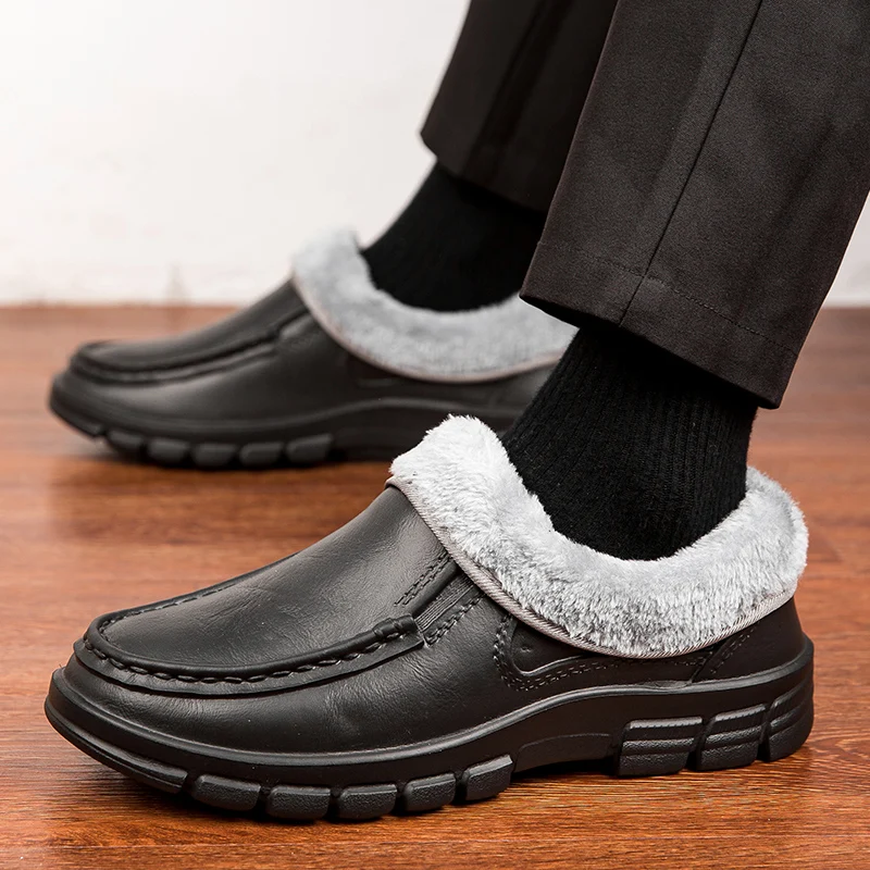 أحذية رجالية شتوية بدون كعب مقاومة للماء ومضادة للانزلاق، أحذية كاجوال جلدية مريحة، أحذية كاجوال عصرية باللون البني #4