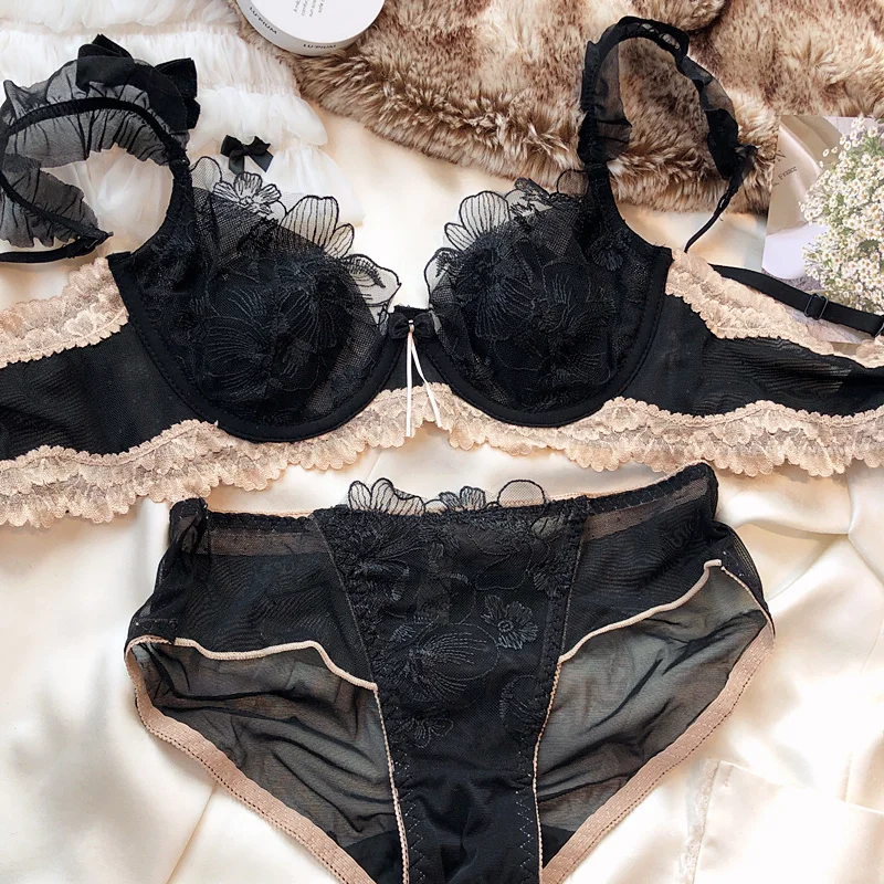 

Элегантный французский кружевной бюстгальтер-минимайзер с вышивкой, мягкий бюстгальтер на косточках с чашкой с кроличьими ушками, сексуальный комплект нижнего белья, большой бюст, S-XL Tushy