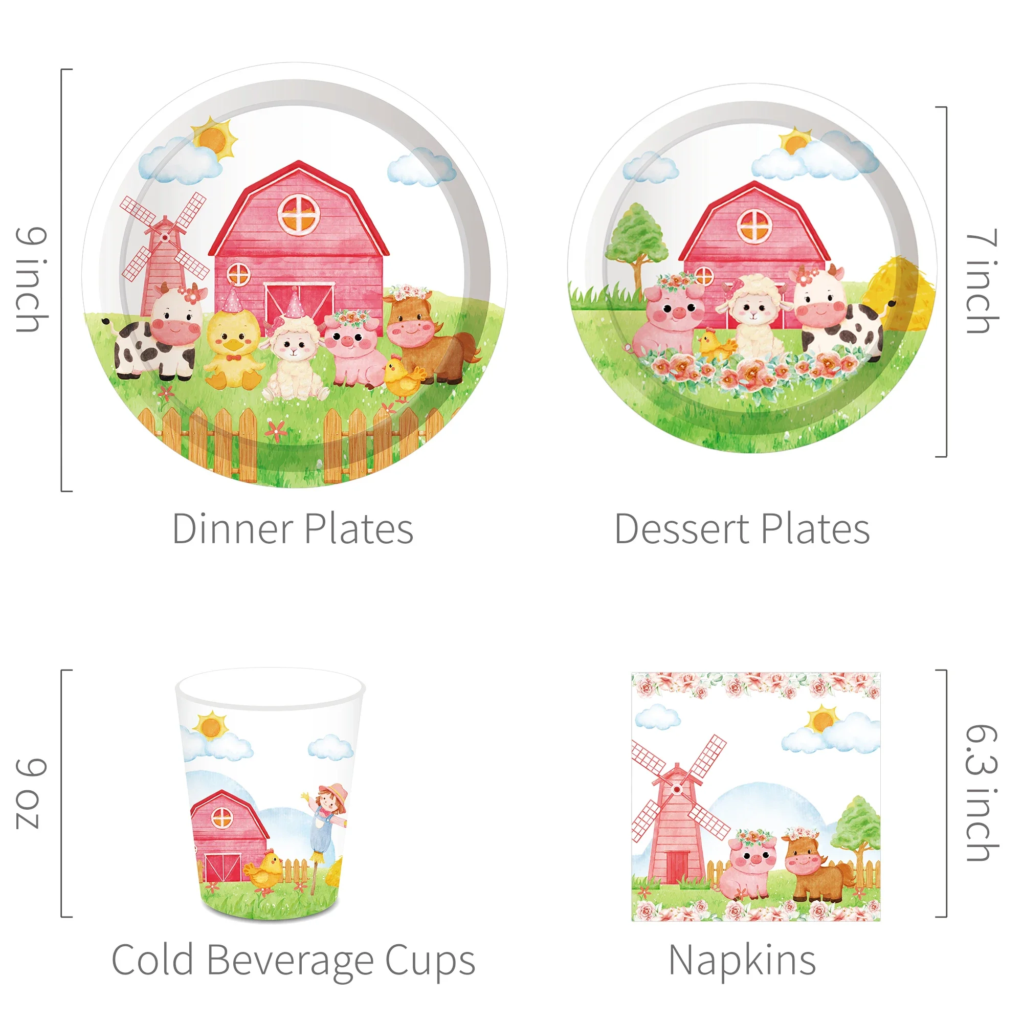 Pink Cartoon Farm Animals Birthday Party Disposable Tableware Sets Dinnerware Cups Plates Napkins Baby Shower Party Supplies