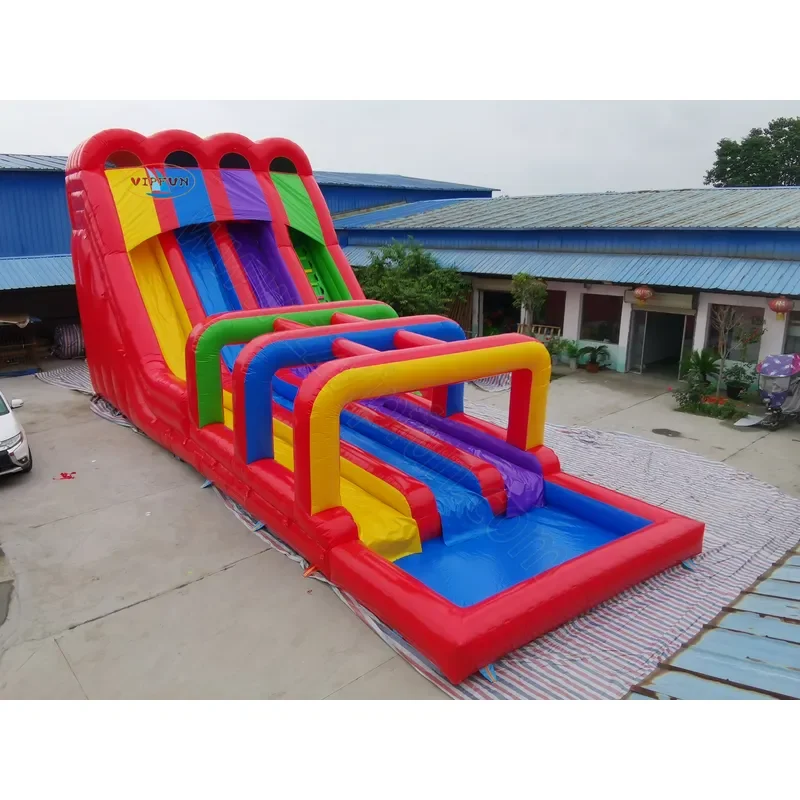 Popular Big Inflatable Water Slide Triple Lane Colorful Swimming Pool Slide for Outdoor Amusement Park