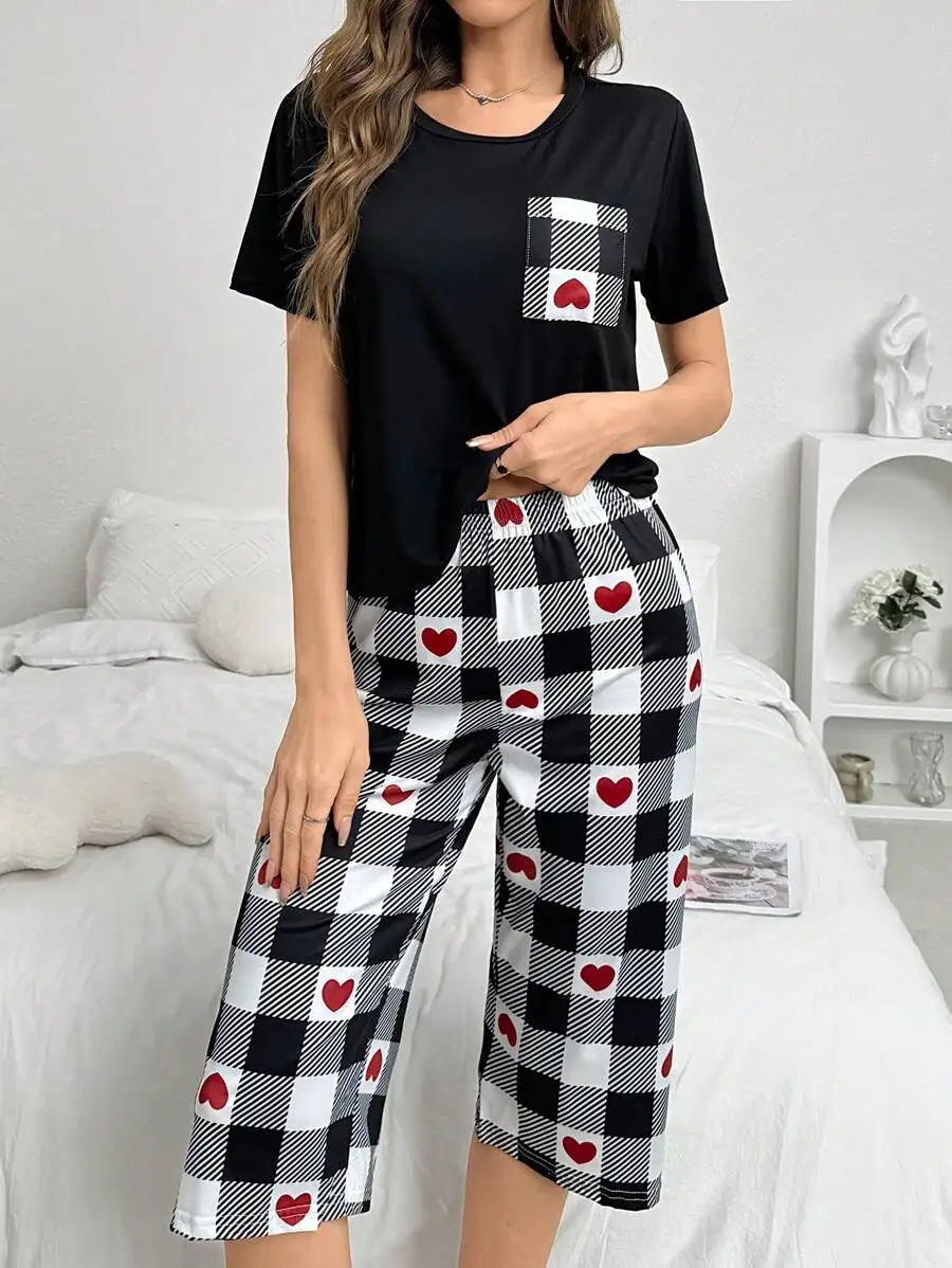

Womens Black Plaid Heart Print Pajama Set With Pocket
