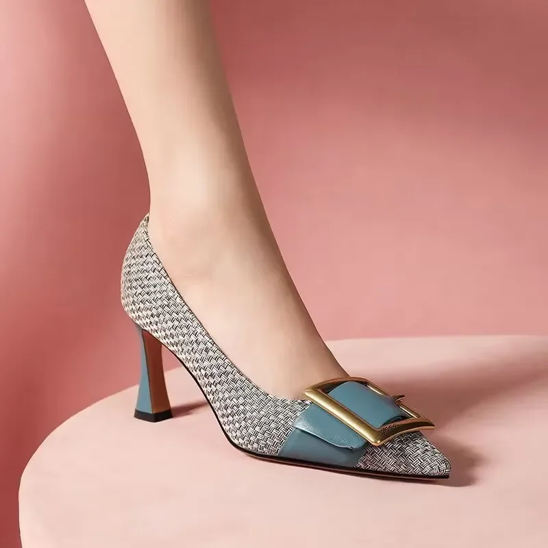 Zapatos de tacón alto poco profundos para mujer, calzado elegante de diseñador con punta estrecha, a la moda, para fiesta, Otoño, 2024