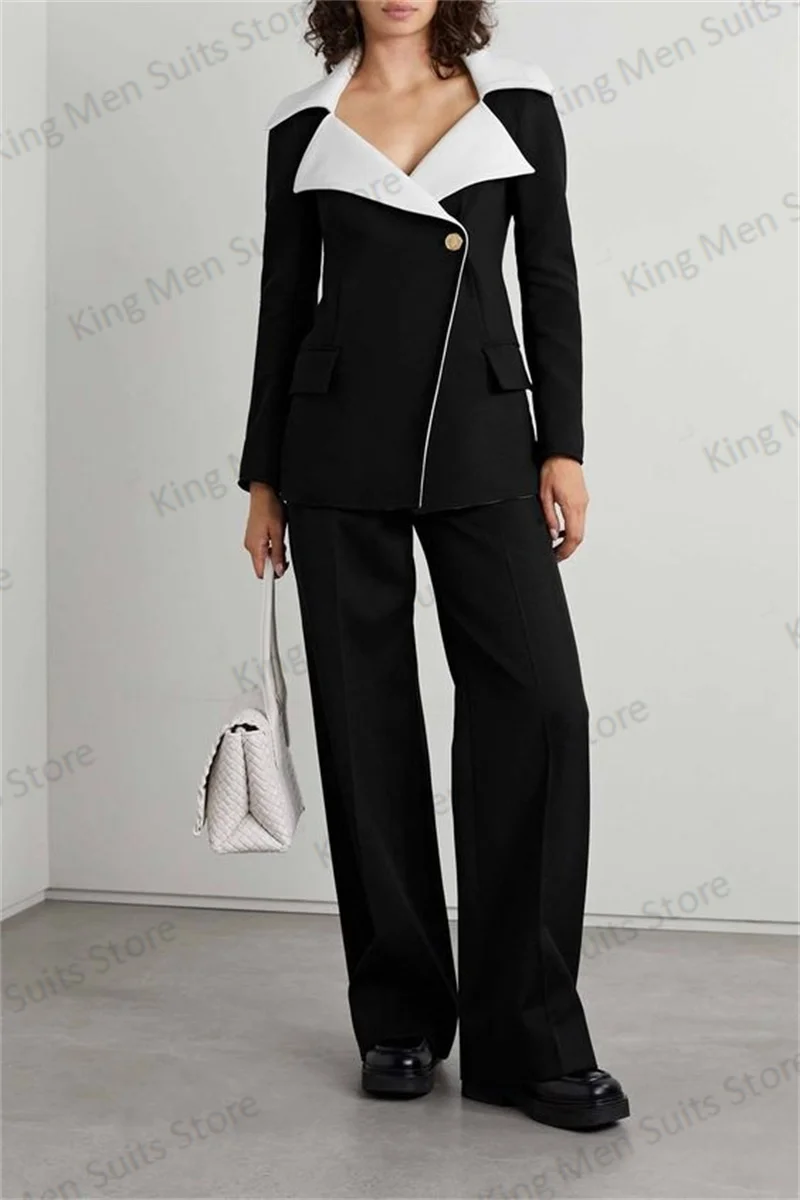 Zwart Splicing Kleur Damesbroek Pakken Set Blazer Broek 2 Stuks Één Knoop Jas Office Lady Formele Custom Made Kostuums