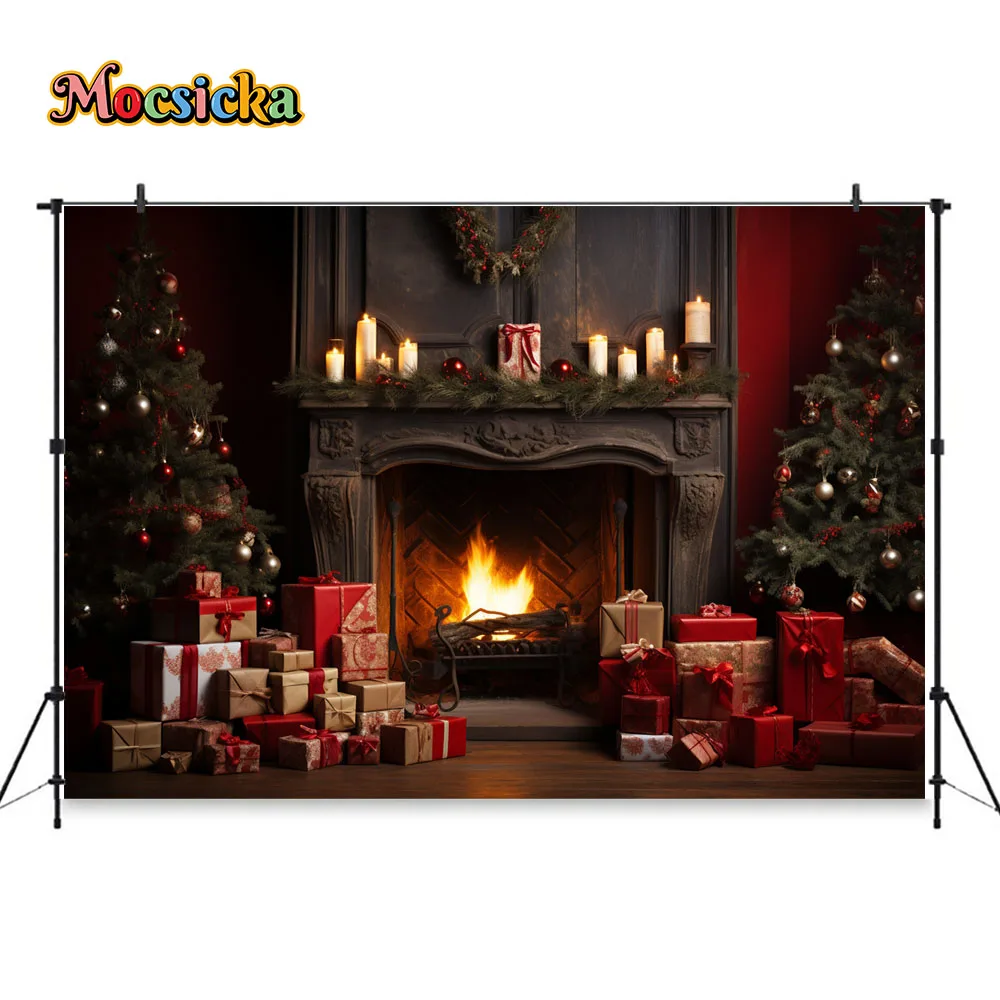 Christmas Fireplace Red Wall Photography Studio Backdrop Xmas Tree Wreath Gift Decor Background Family Portrait Photobooth Props
