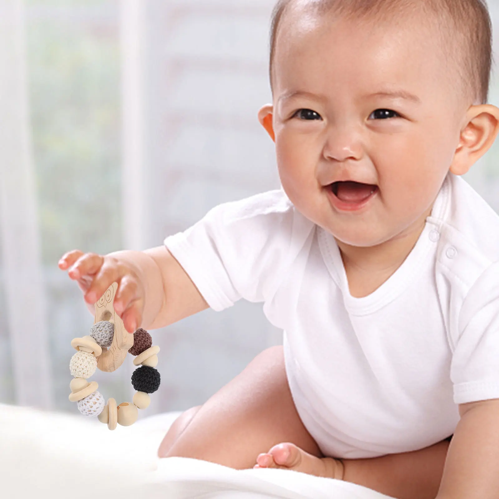 Haya Baby Owl Sonajero Mordedor Anillo de masticación sensorial para bebés de 0 a 6 meses Desarrollo de habilidades motoras finas para bebés,