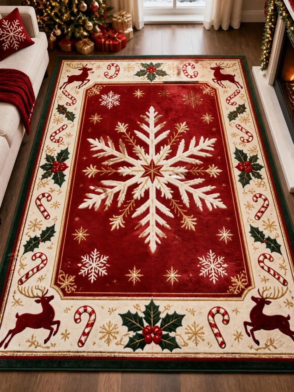 Poinsettia Area Rug, Christmas Festive Star Wreath Xmas Red Non-Slip Backing Indoor Rectangle Carpet Non Shedding Rugs