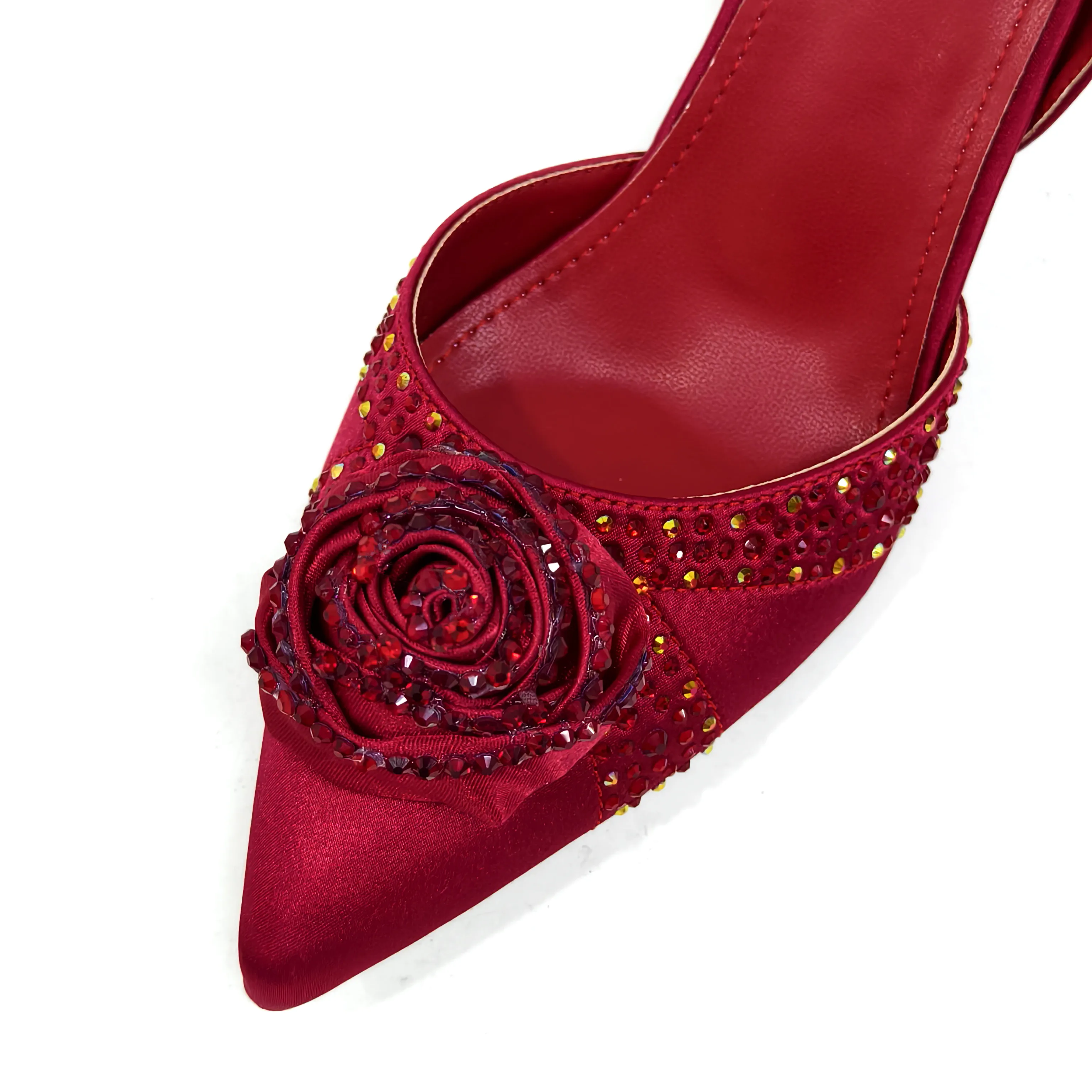 Venus Chan Red Color Roses Decorated Rhinestones Stylish and Elegant Pointed Toe Pumps With Matching Bags for Women's Parties