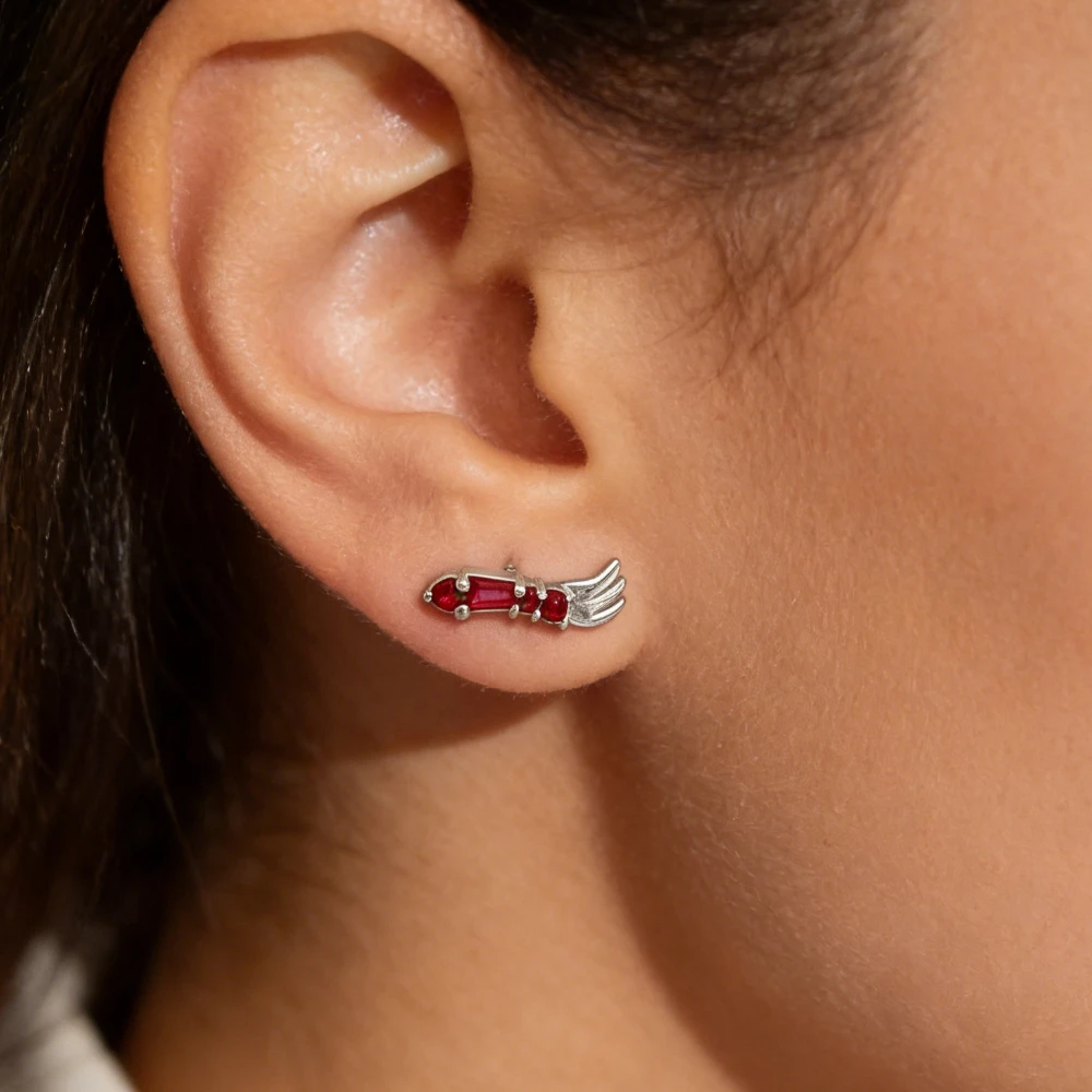 Minimalist Trendy Sword Crawler Earrings Red Gemstone Stud Earrings Unisex Gothic Fashion Jewelry for Men Women Gift