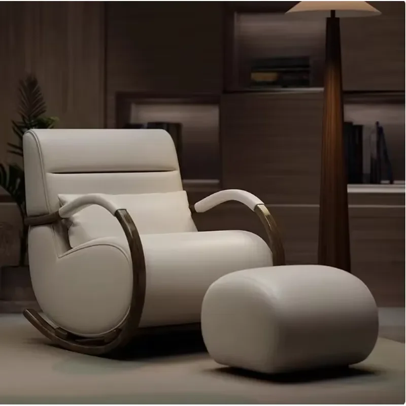 Nordic Minimalist Balcony Chaise Lounge Oak Solid Wood High-Density Sponge Genuine Leather Lazy Rocking Chair Home Furniture