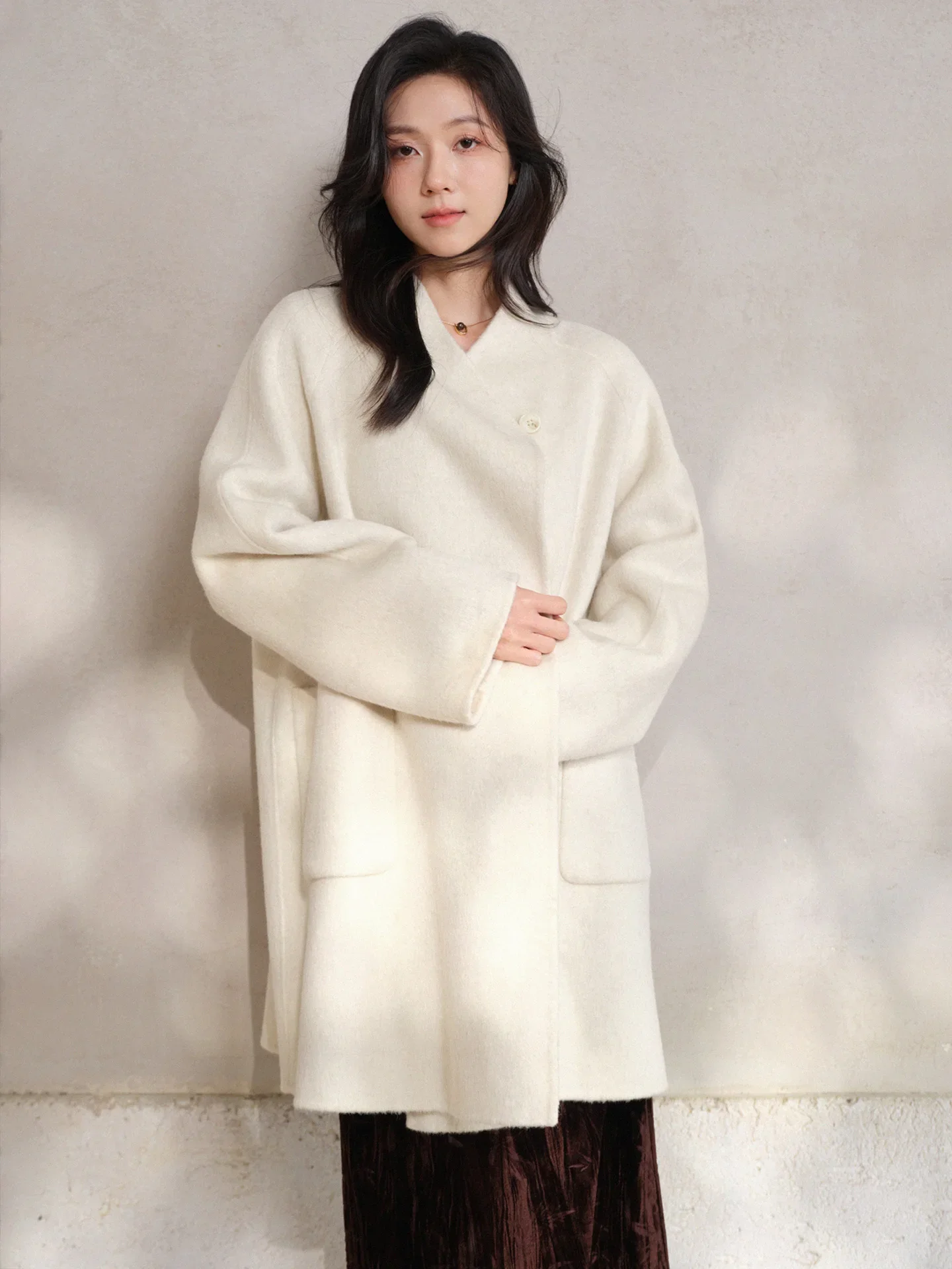 Wool Scarf Neck Coat for Women Lady Premium Double-Face Overcoat Warm Soft Long Jacket Elegant Chic Winter Fashion Outerwear