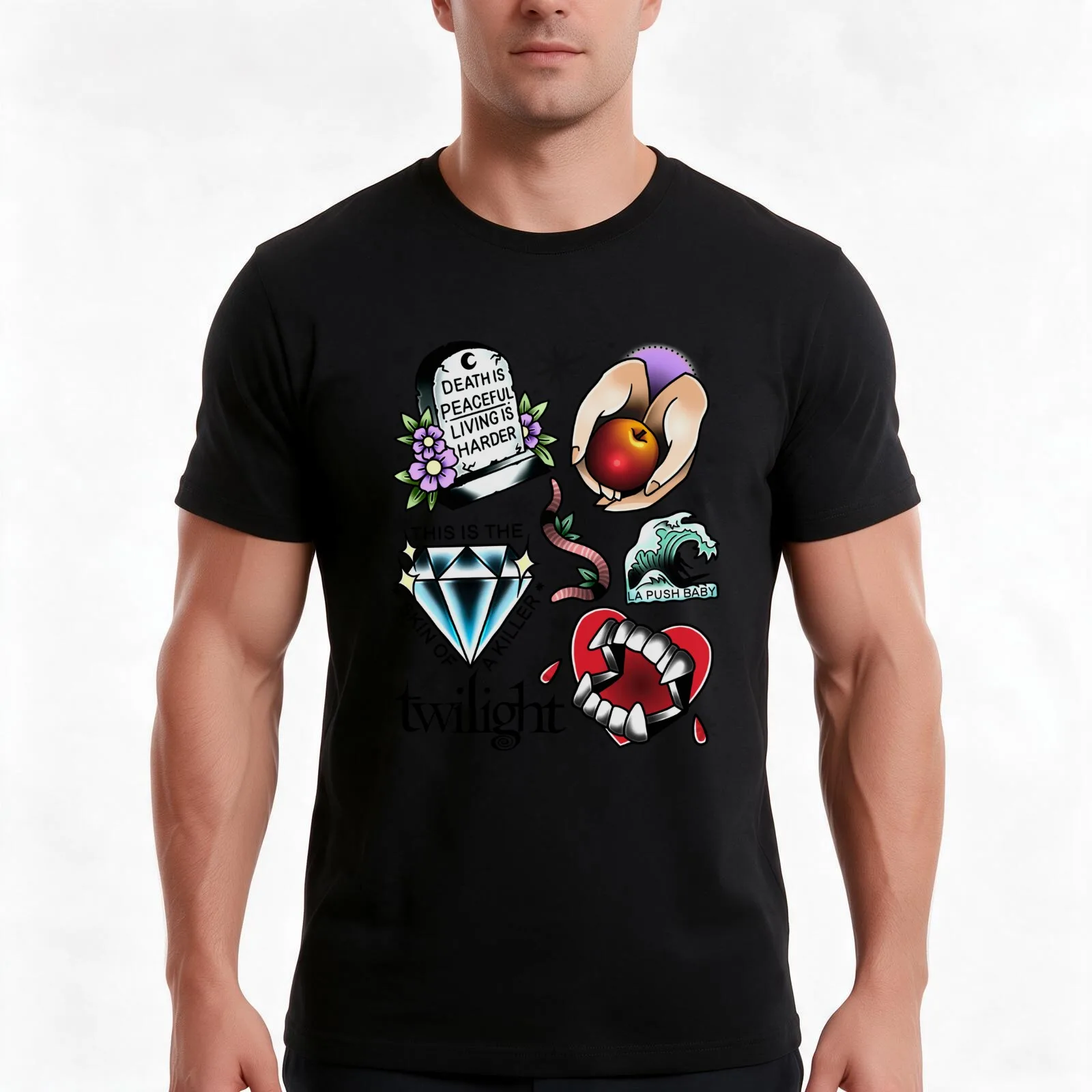 Twilight Inspired Tattoo Flash Sheet T-Shirt, Summer Casual Cotton Tee, Oversized Streetwear Tops, Vintage Graphic Print