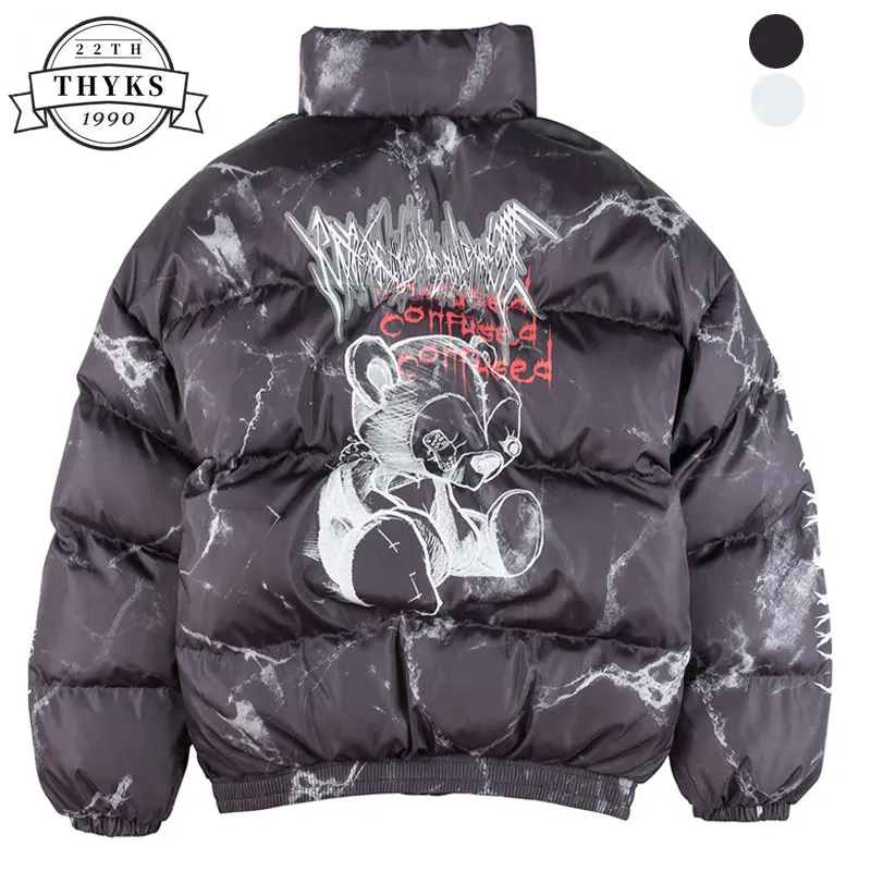 Down Parkas Jacket Men Psychology Hurt Bear Print Hip Hop Warm Coats Winter Cartoon Thick Padded Puffer Quilted Parka Women New