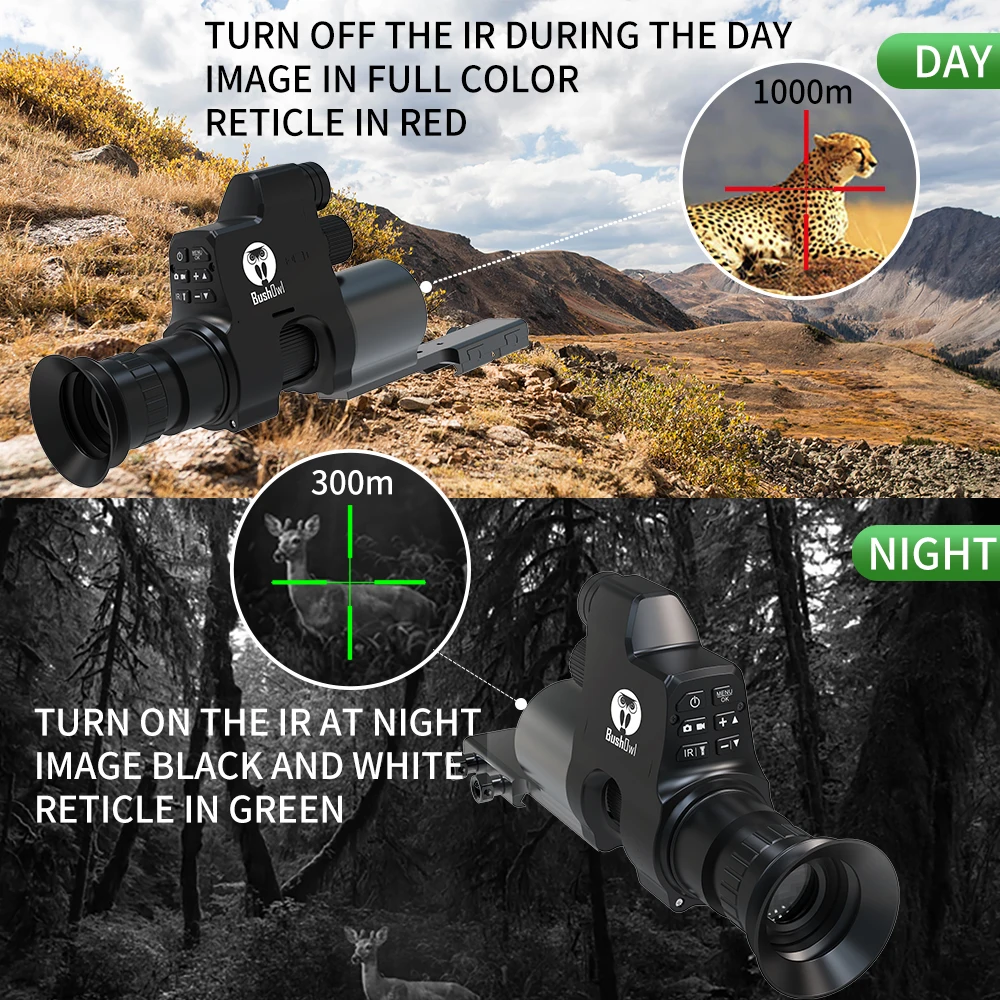 Bushow NV008 Riflescope penglihatan malam, kamera Video IR 1080p inframerah monokular cepat jepit, Crosshair dapat disesuaikan