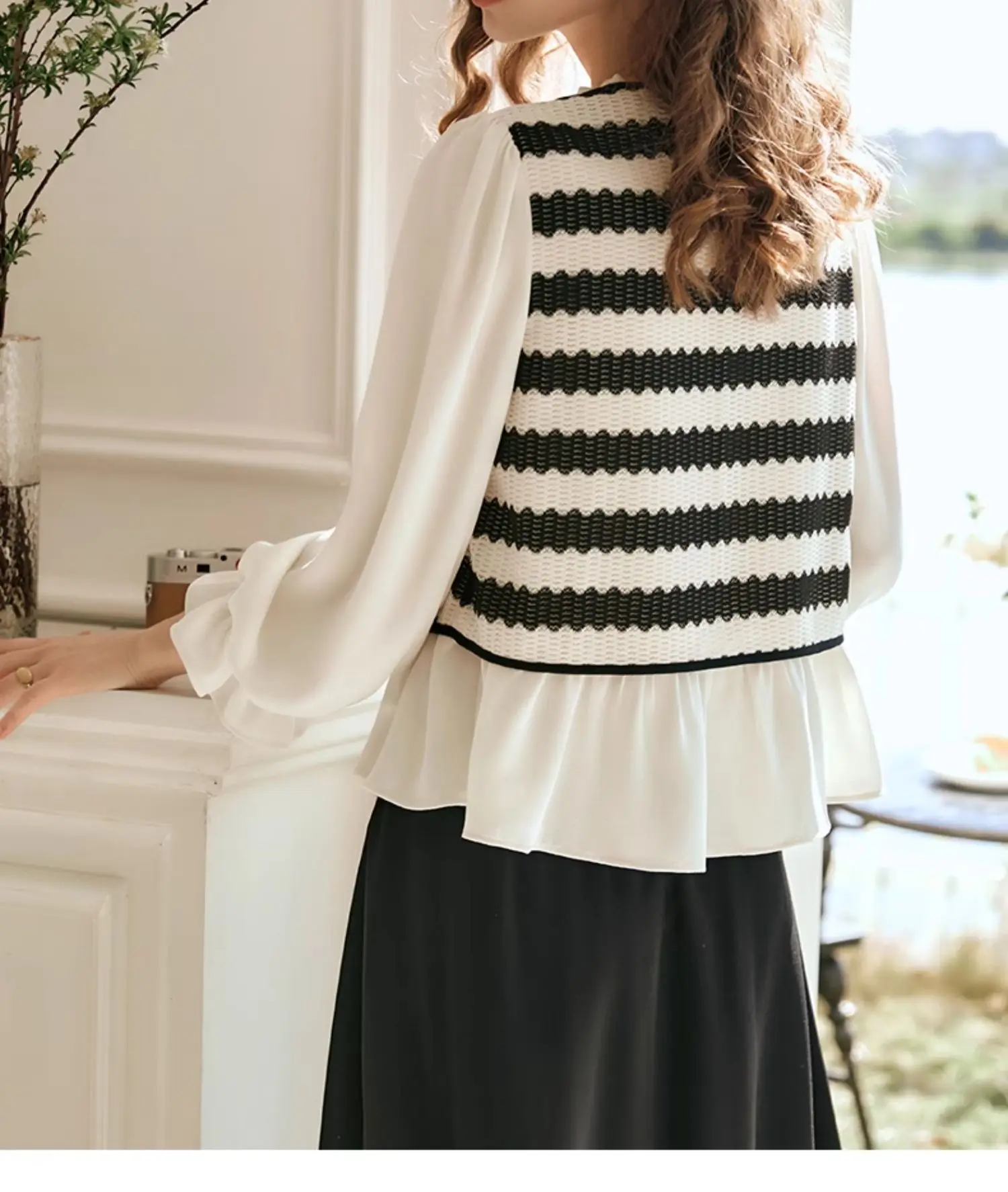 OLrain Women Striped Spliced Blouse 2025 Autumn Temperament Chiffon Shirt Fake Two-piece Tops Lace-up Female Clothing O24CX89835