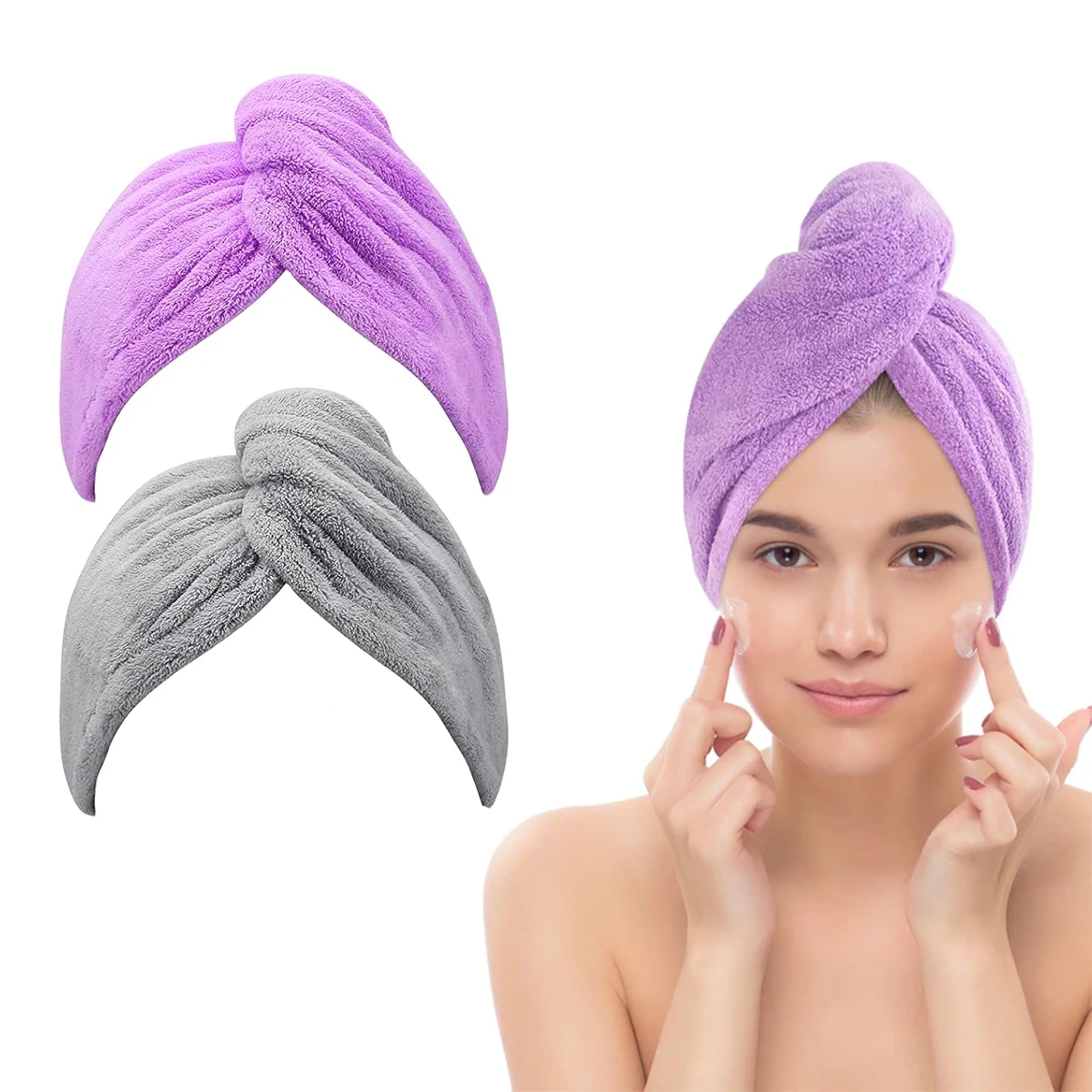 2Pcs Microfiber Towel Fast Dry Hair Towel Coral Velvet Shower Cap with Button Super Absorbent Dry Hair Cap(Grey and Purple)