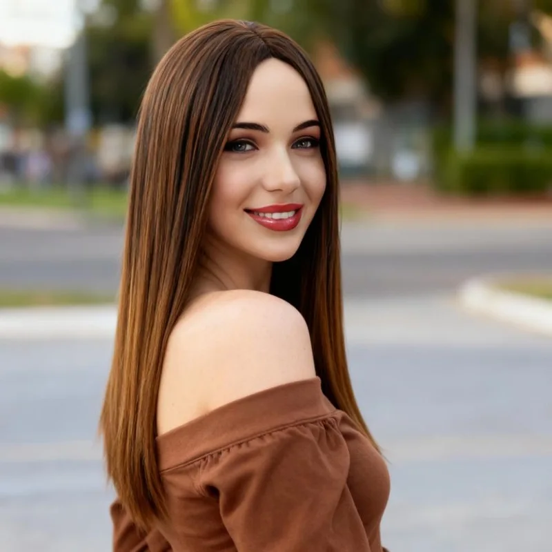 Fashionable Brown Medium-Parted Long Straight Hair Women'S Wig Personalized Outdoor Travel Simulation Head-Wearing Synthetic Wig