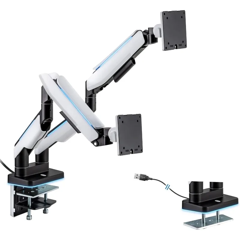 Heavy Duty Dual Monitor Arm up to 35 in. 44 lbs Screens    27 32 34 35 inches, Gas Spring, Clamp, Grommet, RGB Lights