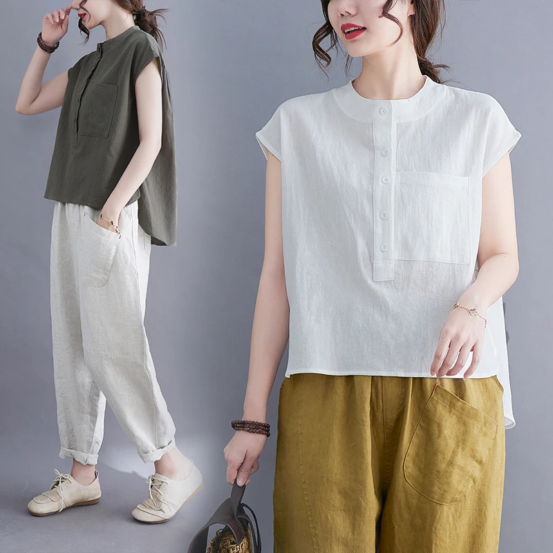 

Sli Summer irt Women Loose Stand Collar plus Size Cotton Linen Casual Anti Aging Slimming Trendy Top Commute Sle