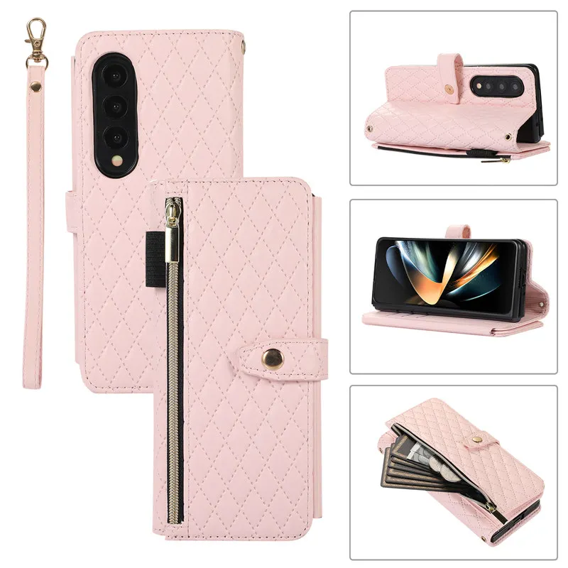 Long lanyard Flip Leather Phone Case For Samsung Z Fold 4 Fold 5 Fashion Zipper Wallet Card Cover For Galaxy Z Fold 3 Coque Etui