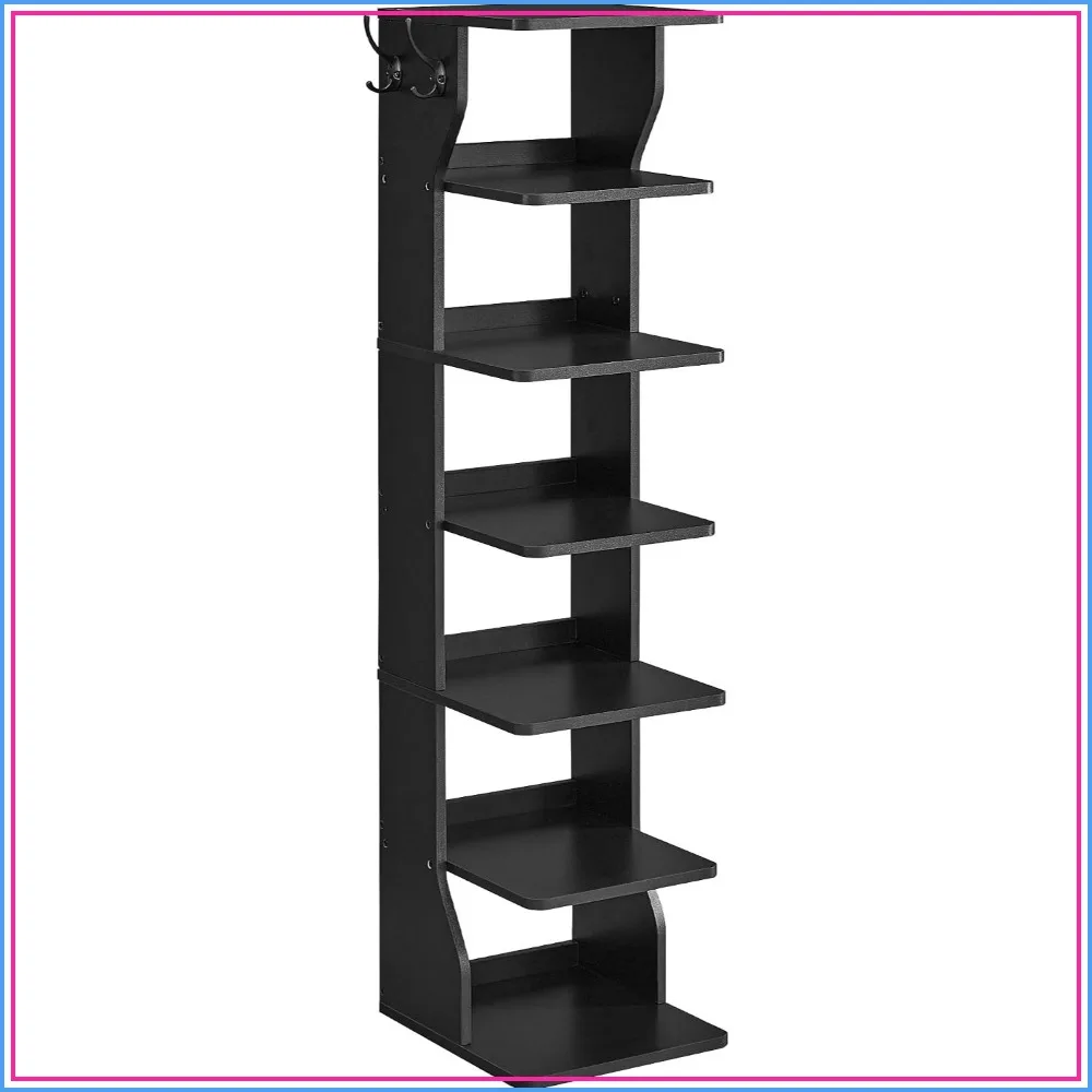 7-Tier Narrow Shoe Rack with Hooks, Space-Saving Corner Tower for Entryway & Bedroom, Black