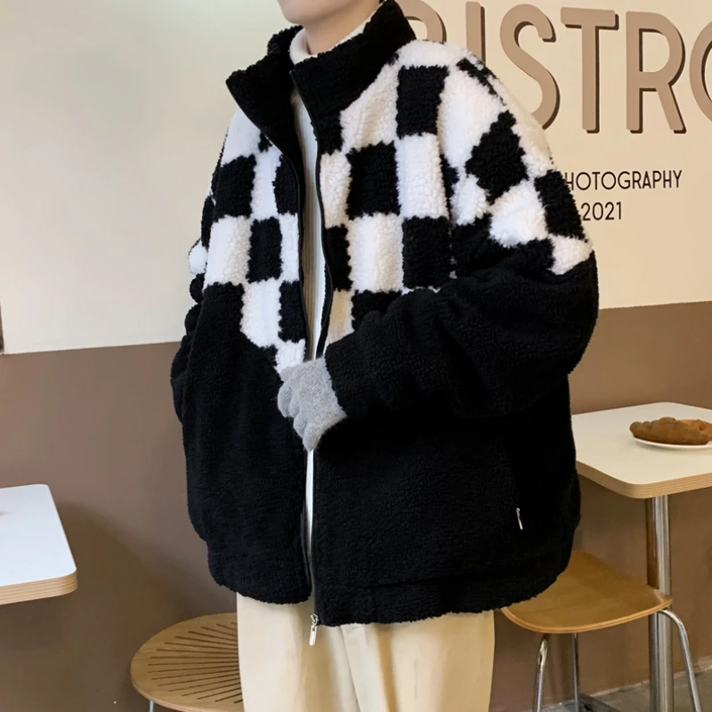 Parkas a cuadros para hombre, ropa con cuello levantado, abrigo con cremallera, cálido, grueso, combina con todo, negro, diseñador de moda, Preppy College Chic Kpop