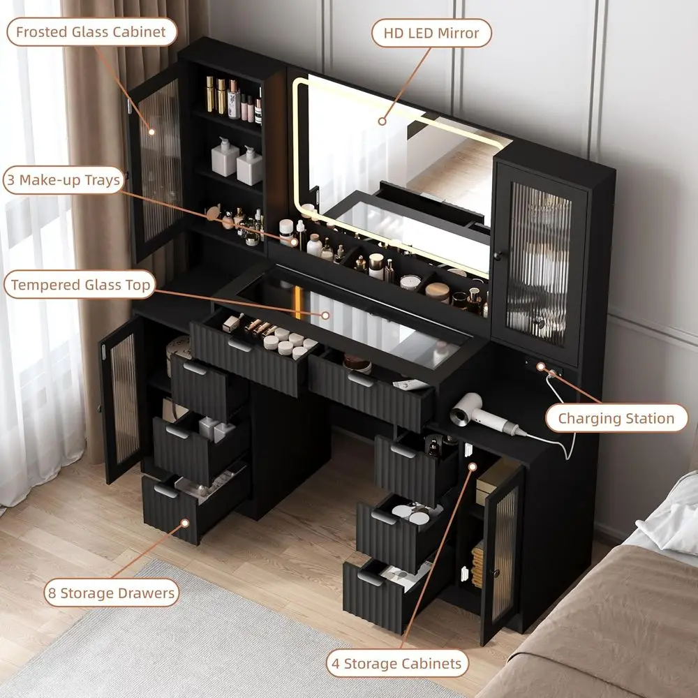55 LED-lit Vanity Desk with 3-Color Mirror, 8 Drawers & 4 Cabinets, Tempered Glass, Charging Station - Matte Black image 3
